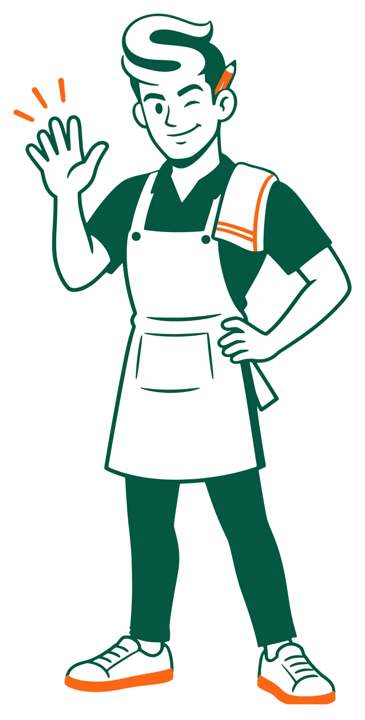 Senior waving: a young man in a green apron, winking